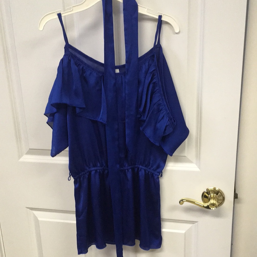 Silky blue cold shoulder top with removable waist tie